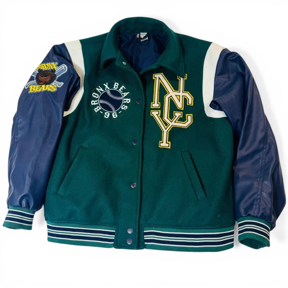 H&M Bronx Bears Varsity Jacket Green Blue Wool Leather Mens XS Baseball Style